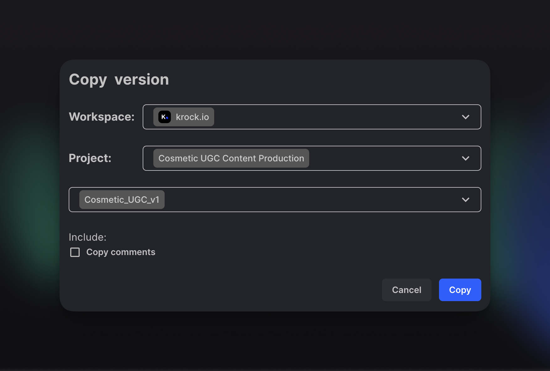 Copy Version Settings Krock.io