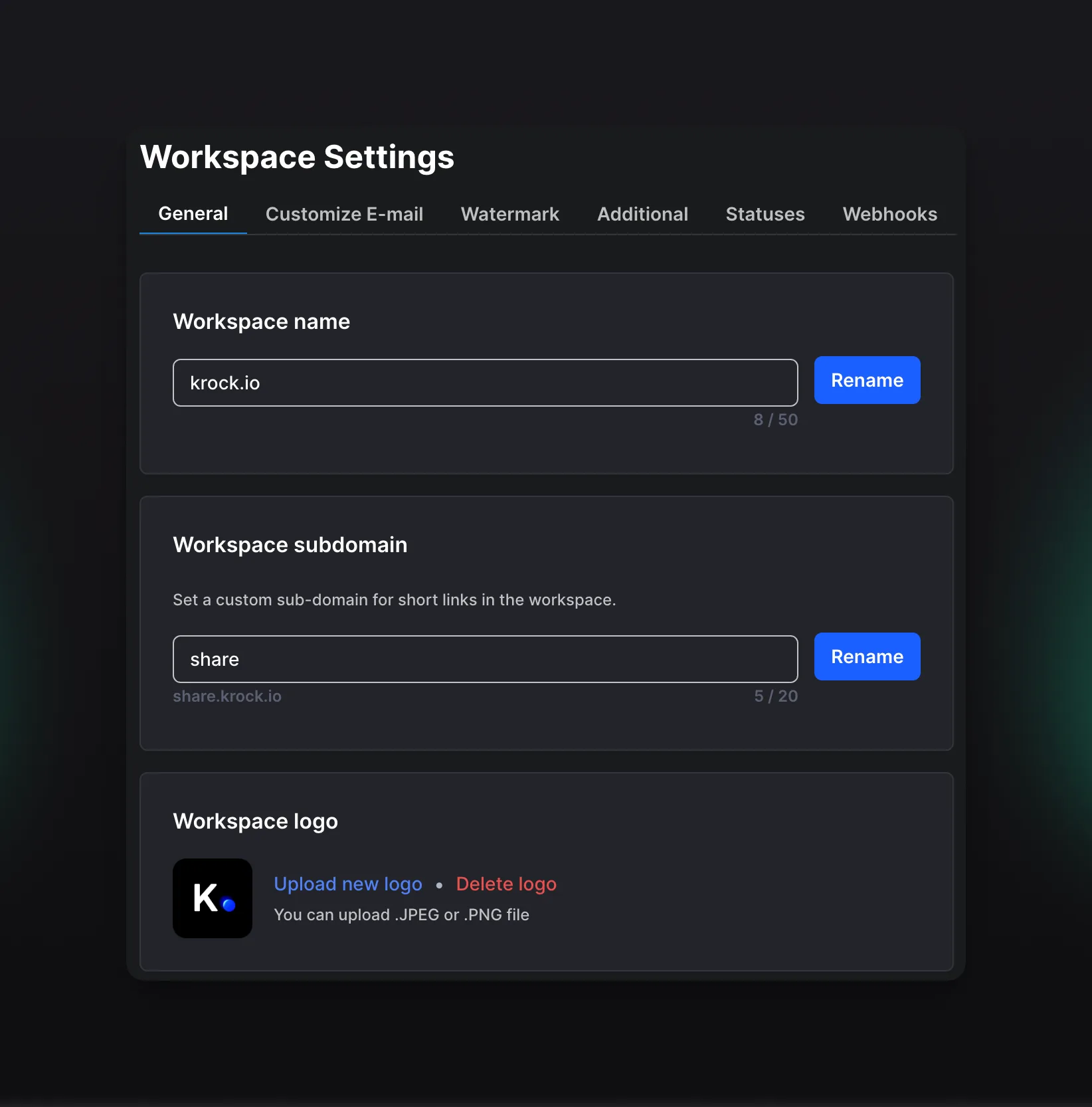 Workspace Settings Krock.io