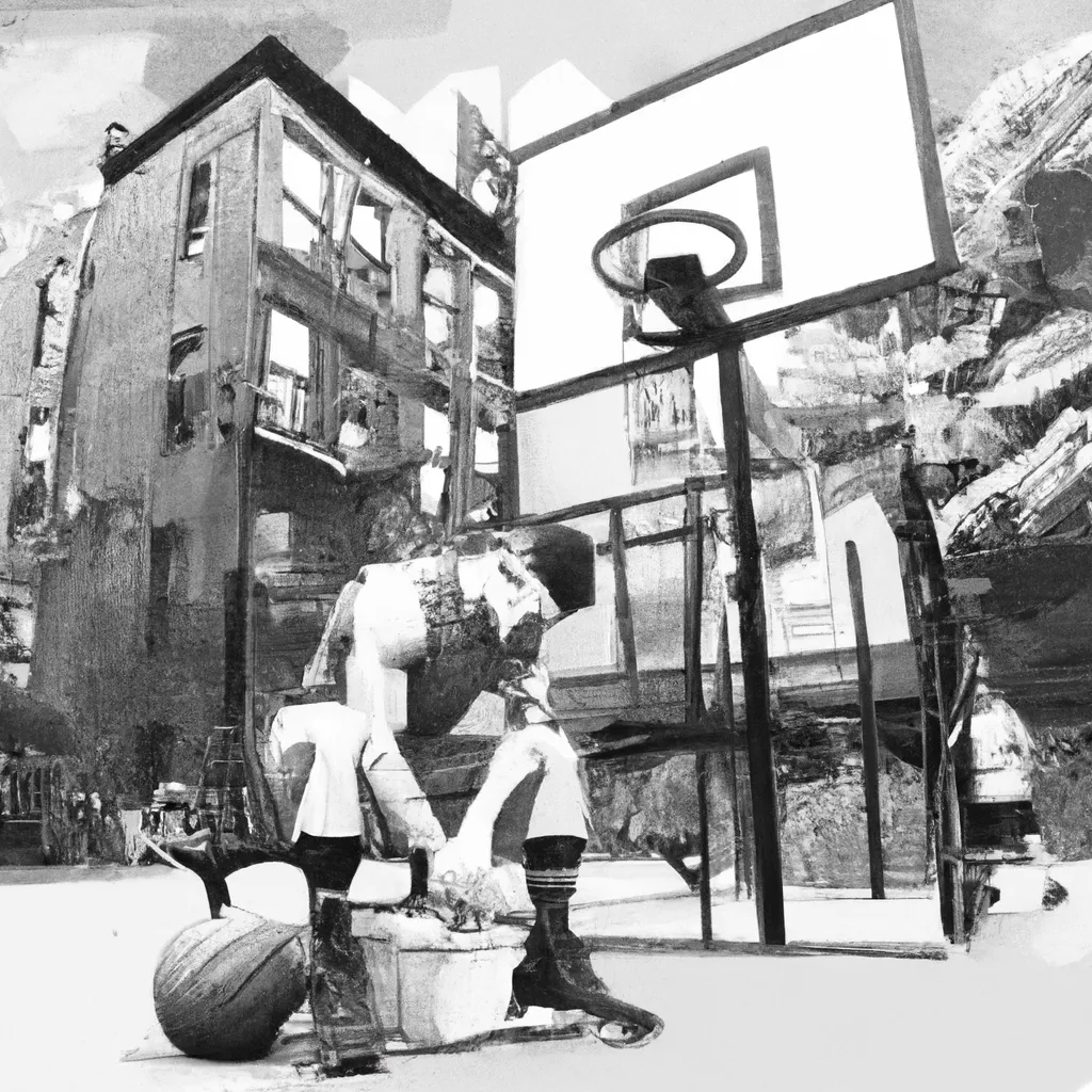 Long shot, wide shot, full shot of a basketball player lacing up his Air Jordan shoes in a background New York City backyard basketball playground