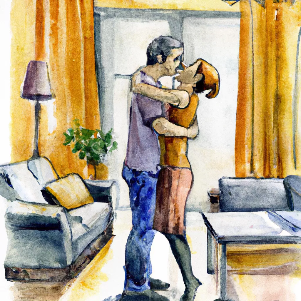 Storyboard AI Framing Promt - Full body shot, Man and woman kissing in the living room