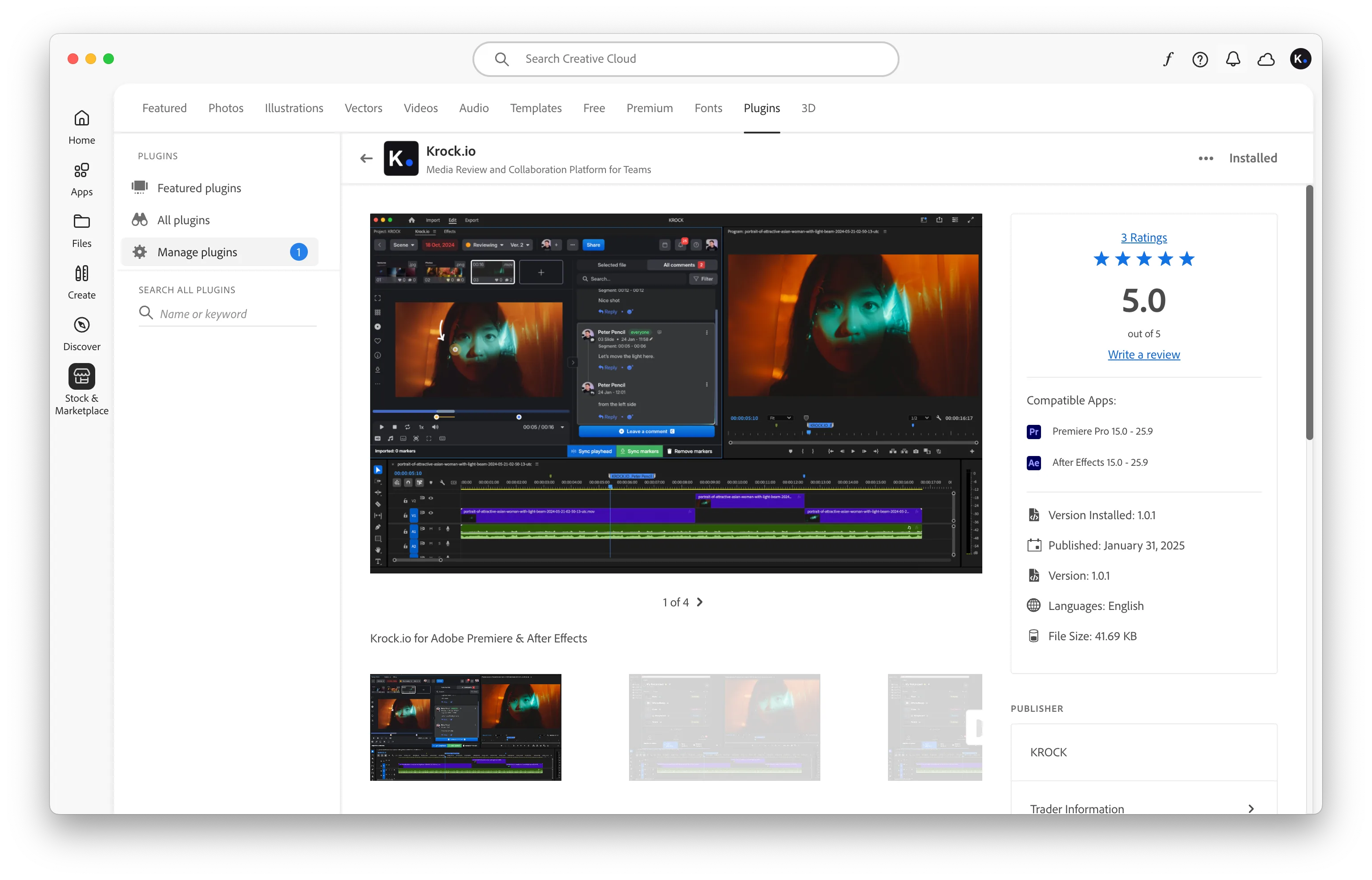 Krock.io plugin for Adobe Premiere and After Effects on Adobe Creatove Cloud marketplace