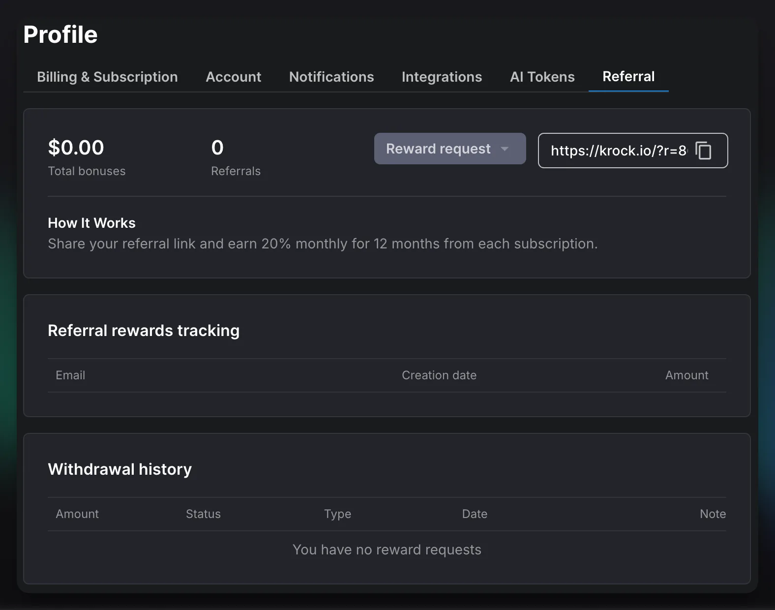 Affiliate Program​ Krock.io Profile