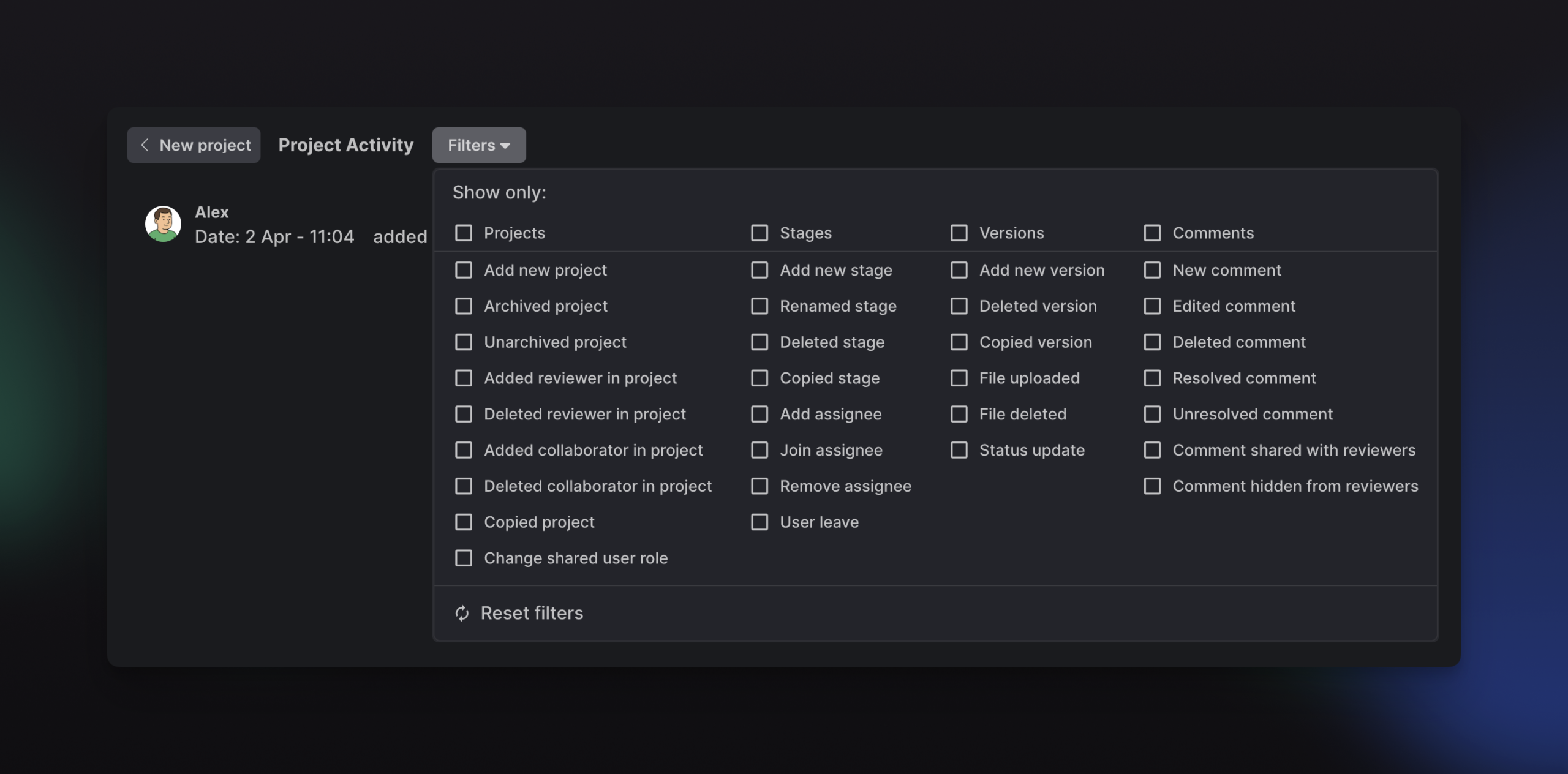 Project Activity filters Krock.io
