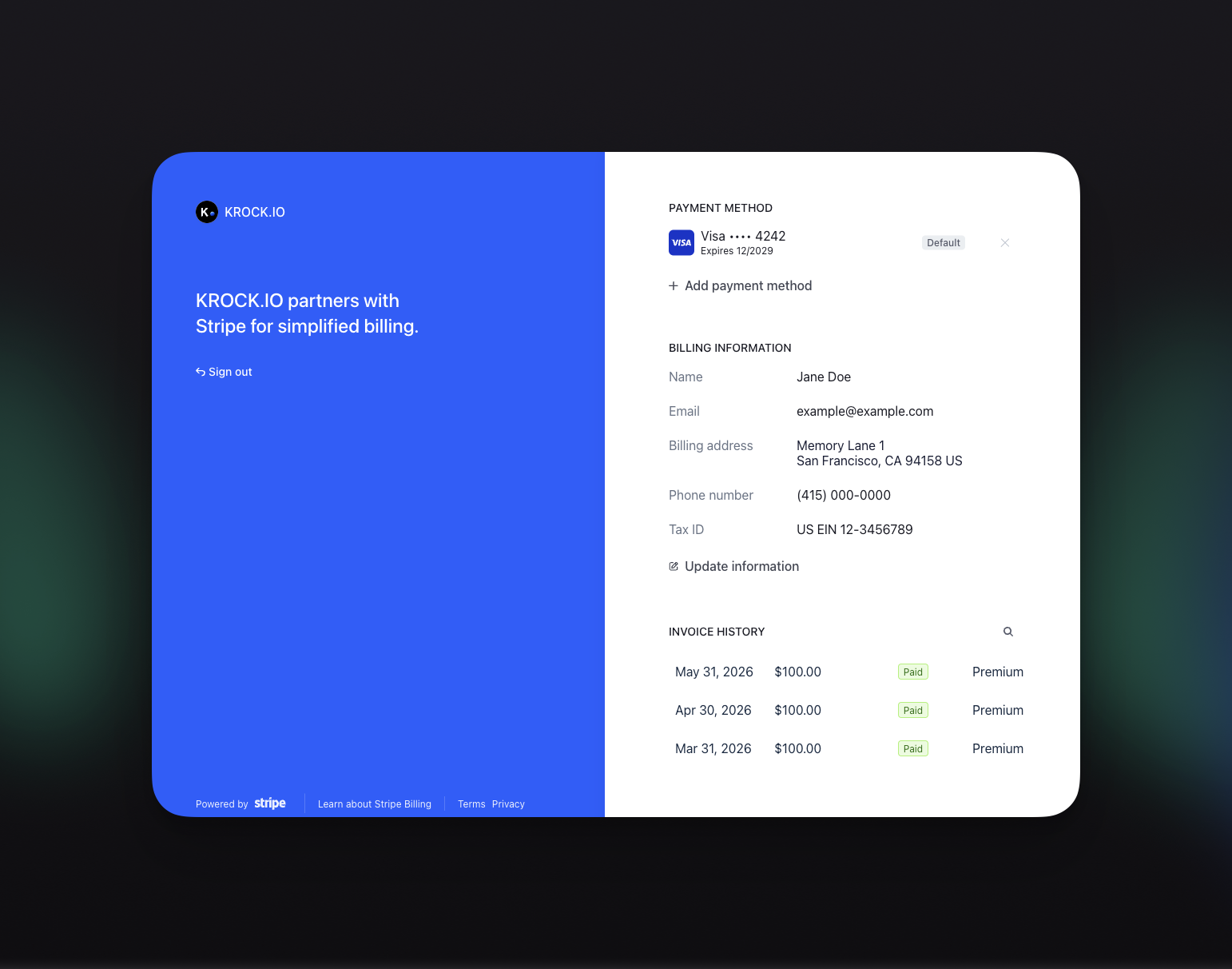 Krock.io Stripe Billing Portal