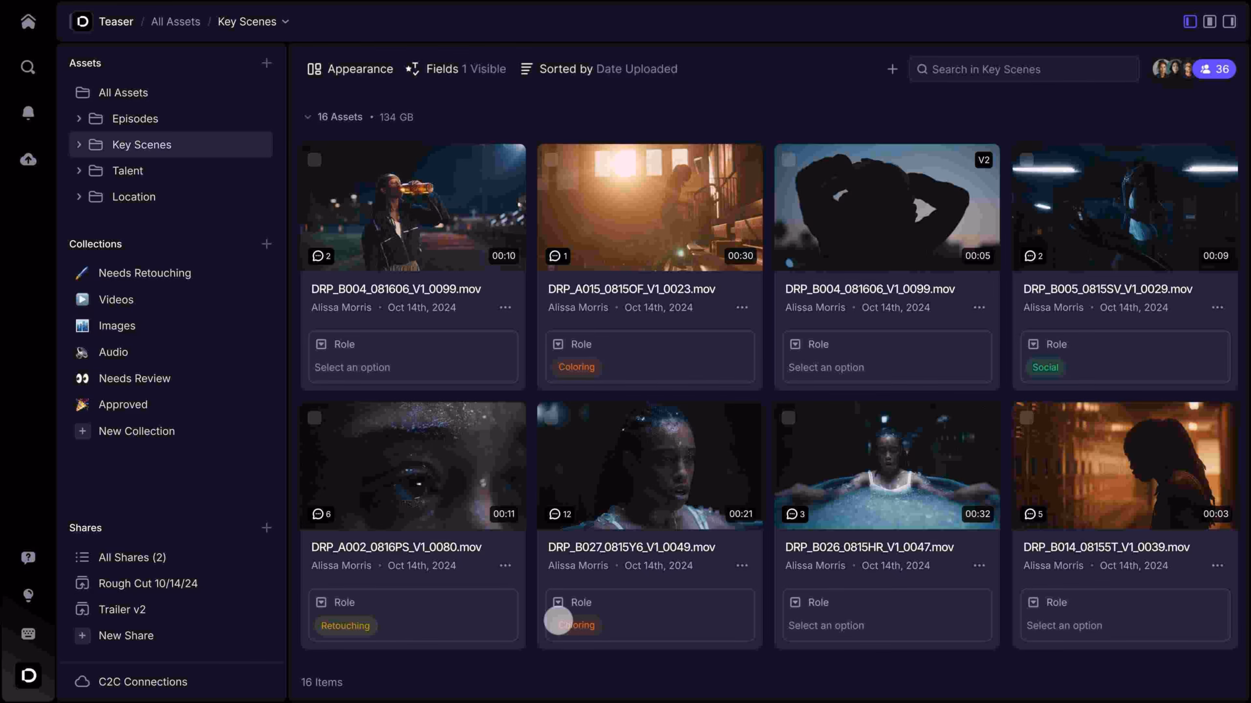 frame.io asset management UI